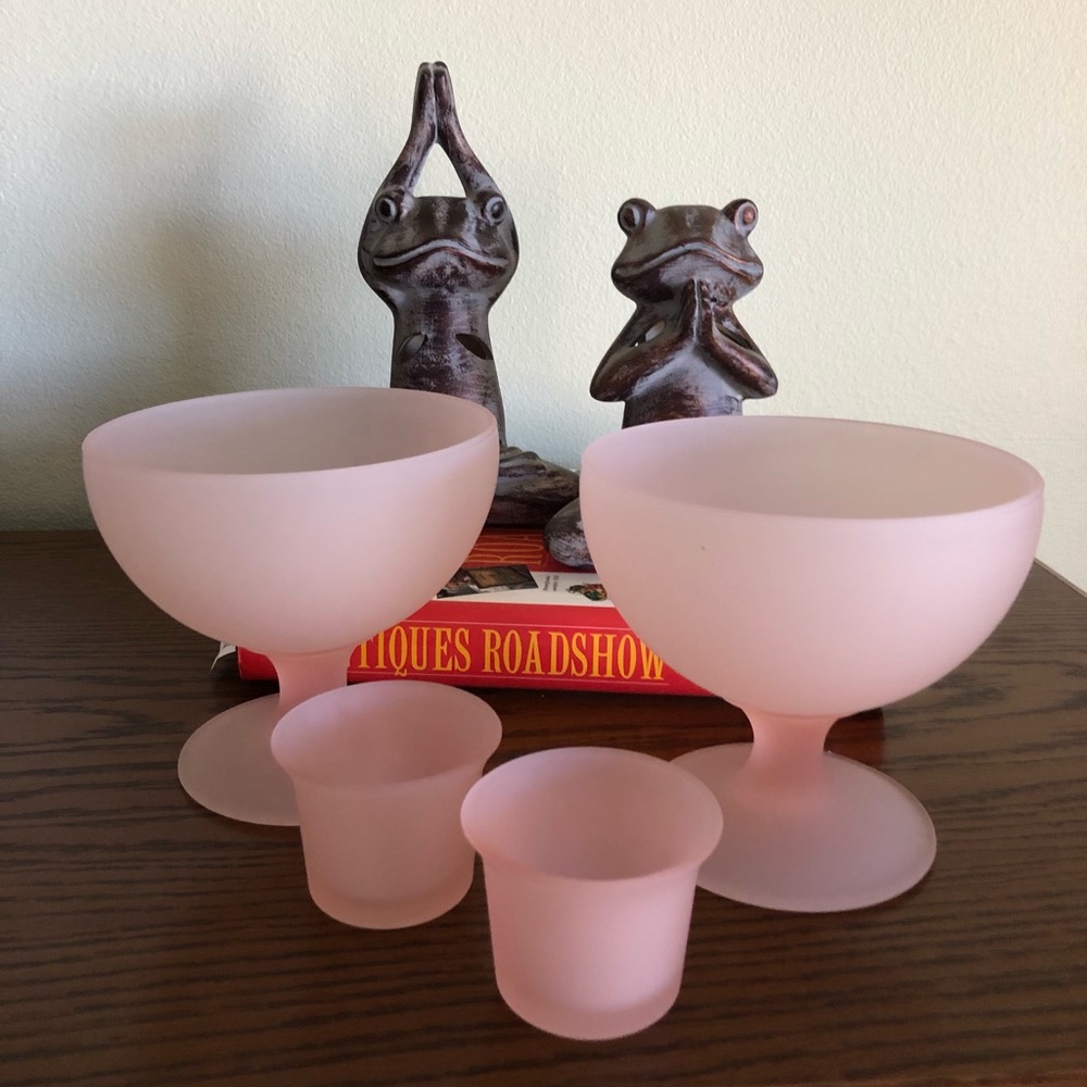 VINTAGE COTTON CANDY PINK  FROSTED  SATIN 4 pc SET 2 5”x 4” COMPOTE & 2 VOTIVES